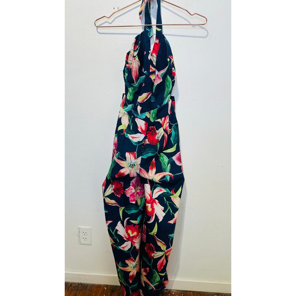 PATBO Navy Blue Floral Halter Neck Center Cut-Out Wide Leg Laelia Jumpsuit US 0 - Picture 4 of 16